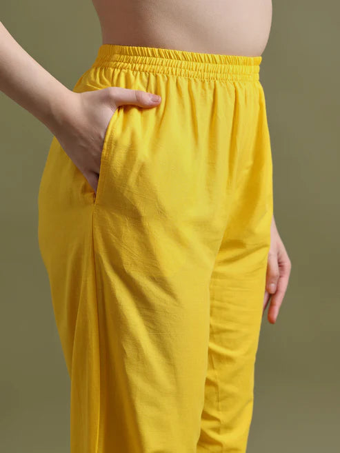 Yellow Cotton Embroidered Kurta Set with Dupatta