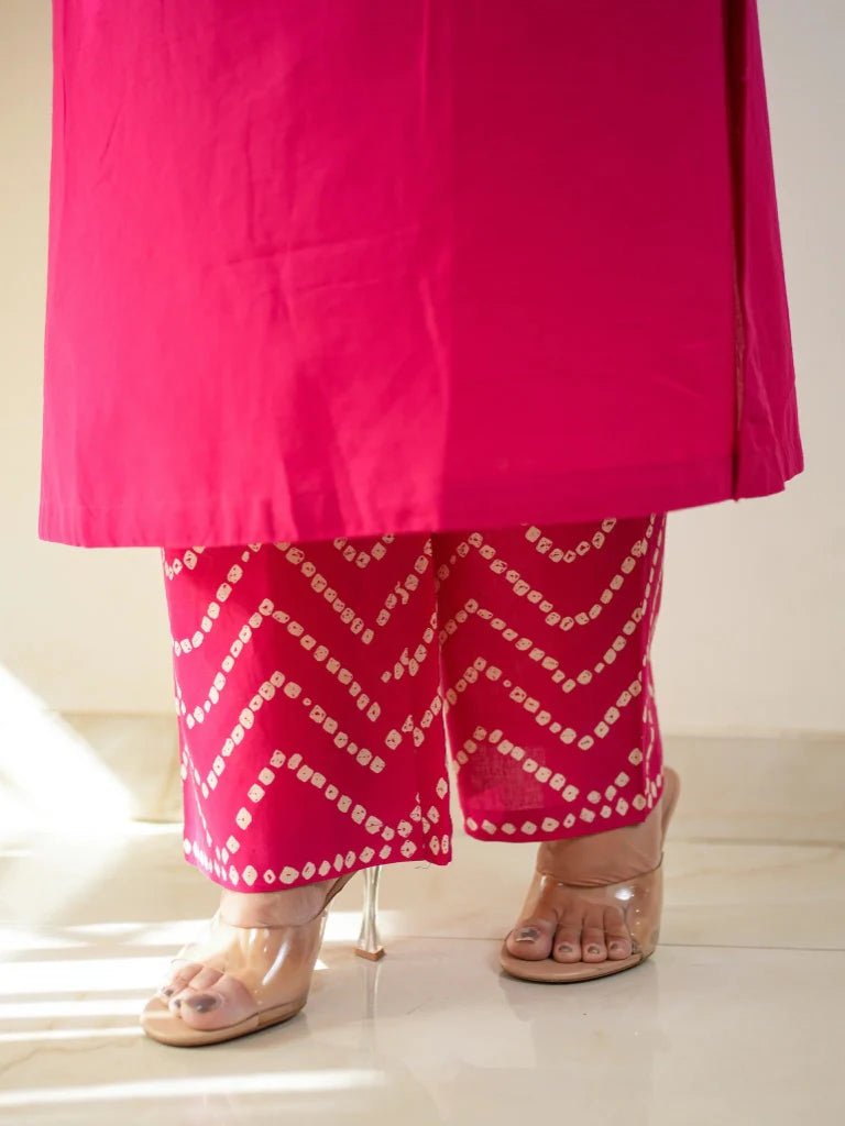 Pink Bandhani Cotton Kurta Pant Set with Dupatta