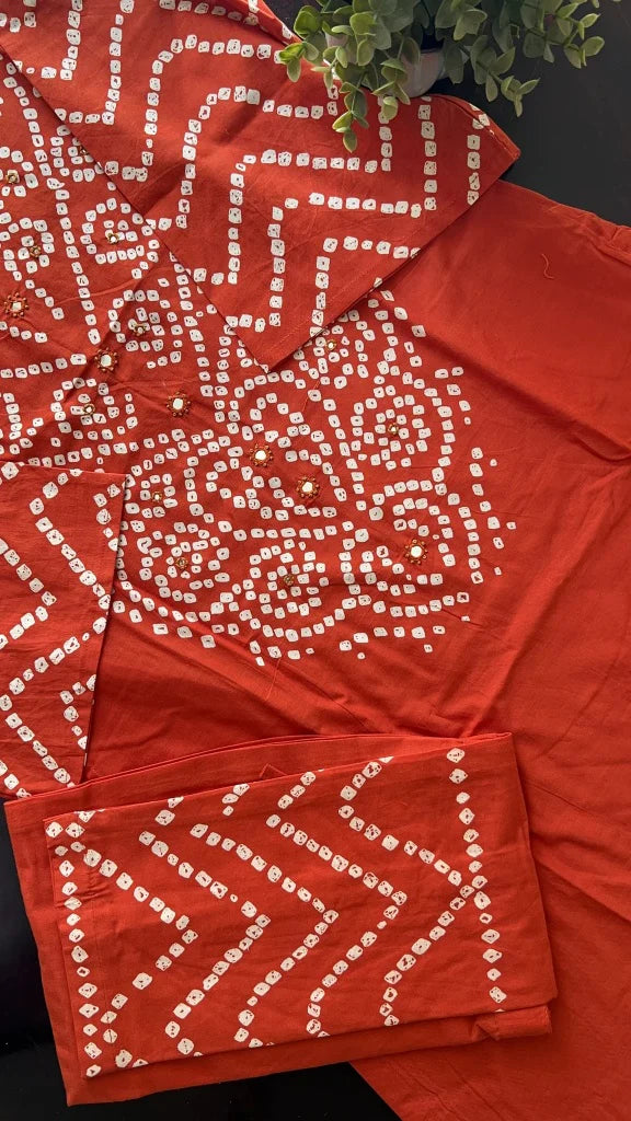 Rust Orange Bandhani Cotton Suit Set with Dupatta
