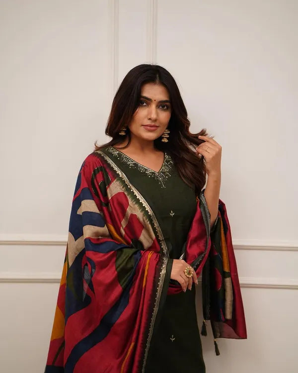Green Embroidery And Zari Work Rayon Straight Kurta And Pant With Silk Dupatta Set