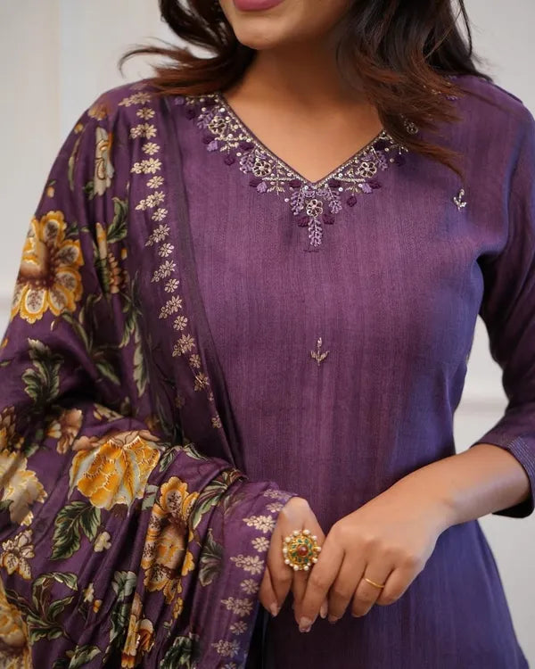 Purple Embroider And Zari Work Rayon Straight Kurta And Pant With Silk Dupatta Set
