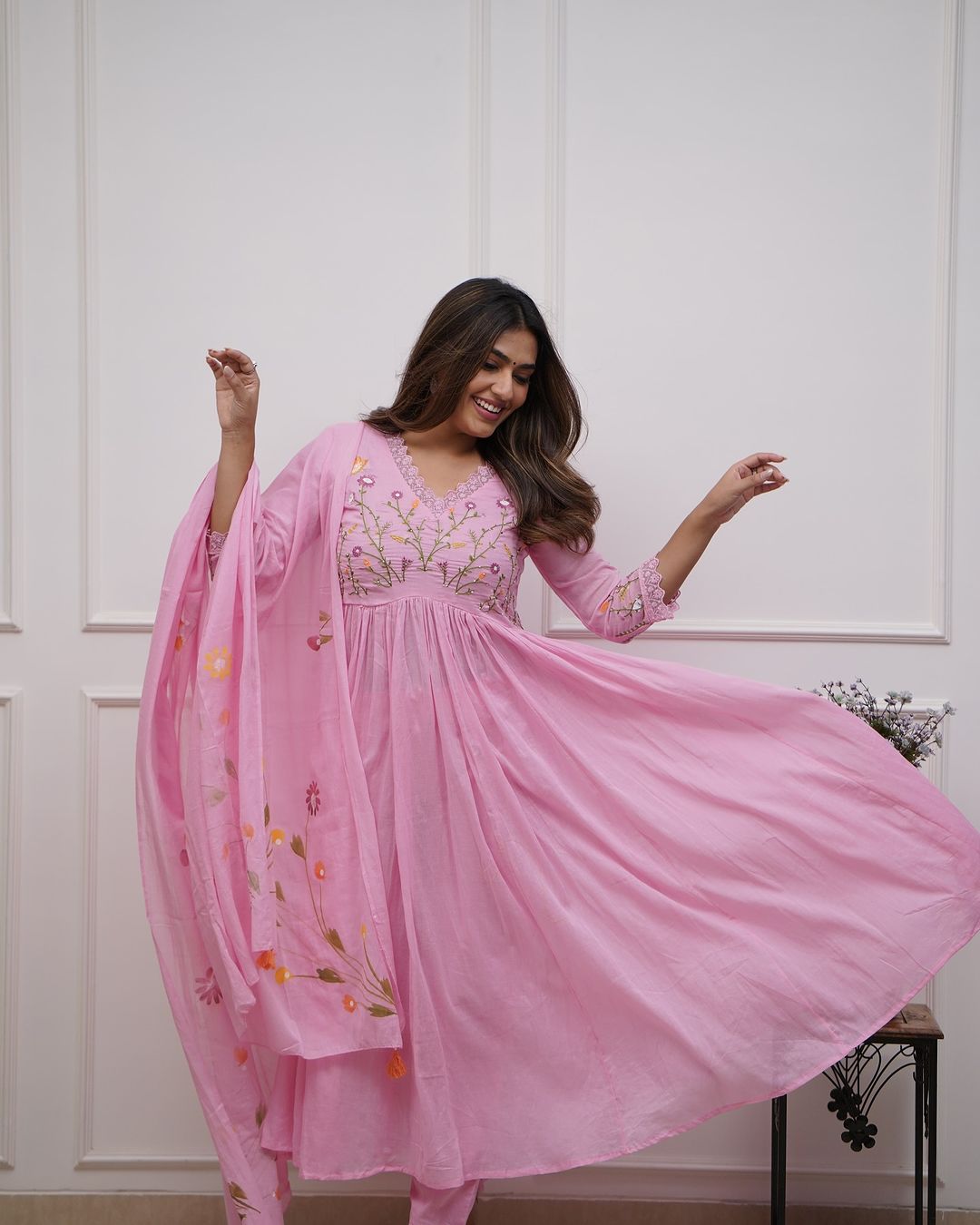 Pink Frock Kurta, Pant & Dupatta Combo