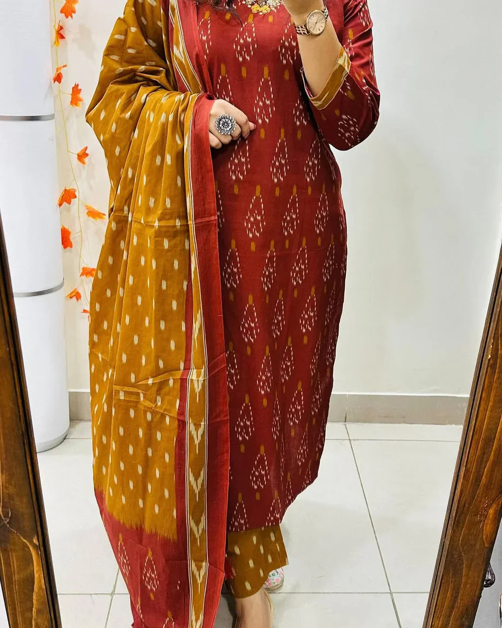 Yellow Mustard Ikat Print Cotton Suit Set for Women with Dupatta