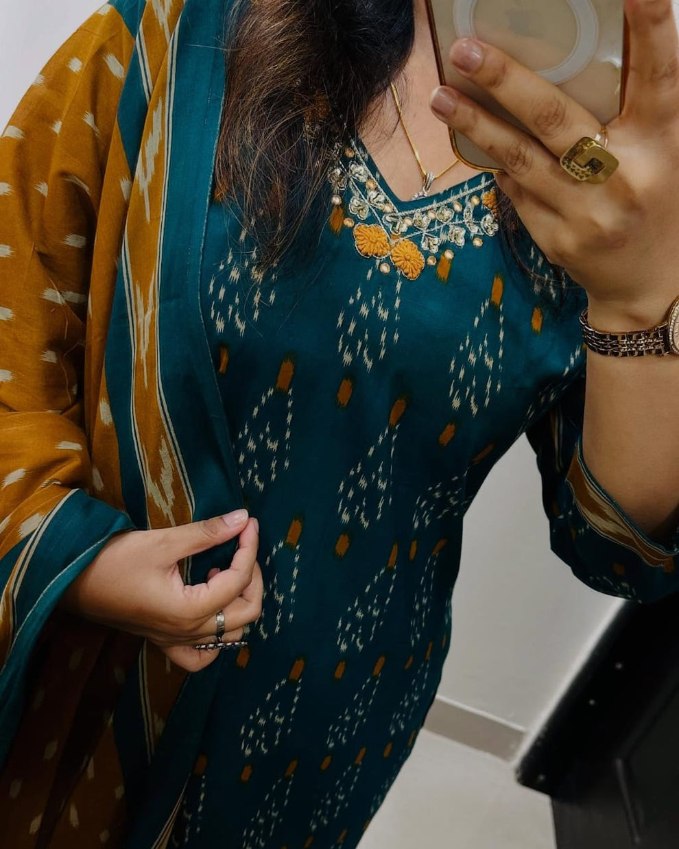 Teal And Mustard Ikka Print Cotton Kurta Set With Contrast Dupatta