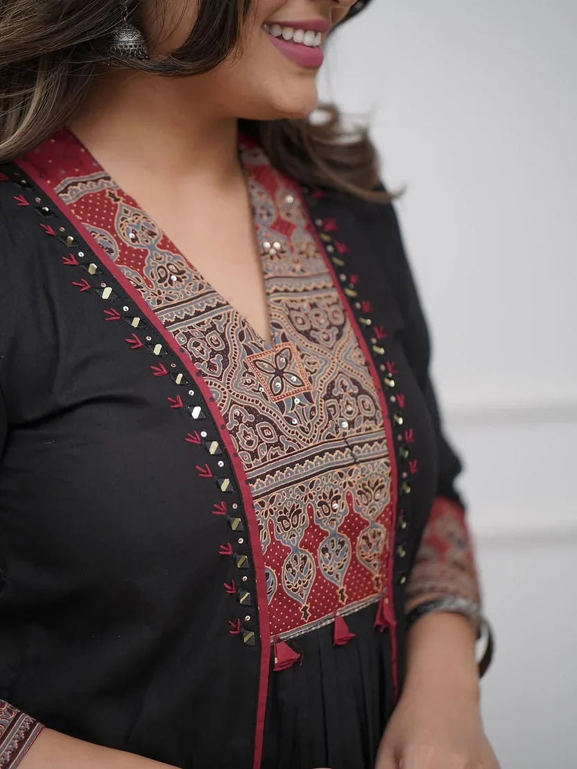 Black Cotton Kurta Pant Set With Embroidered Yoke & Printed Dupatta