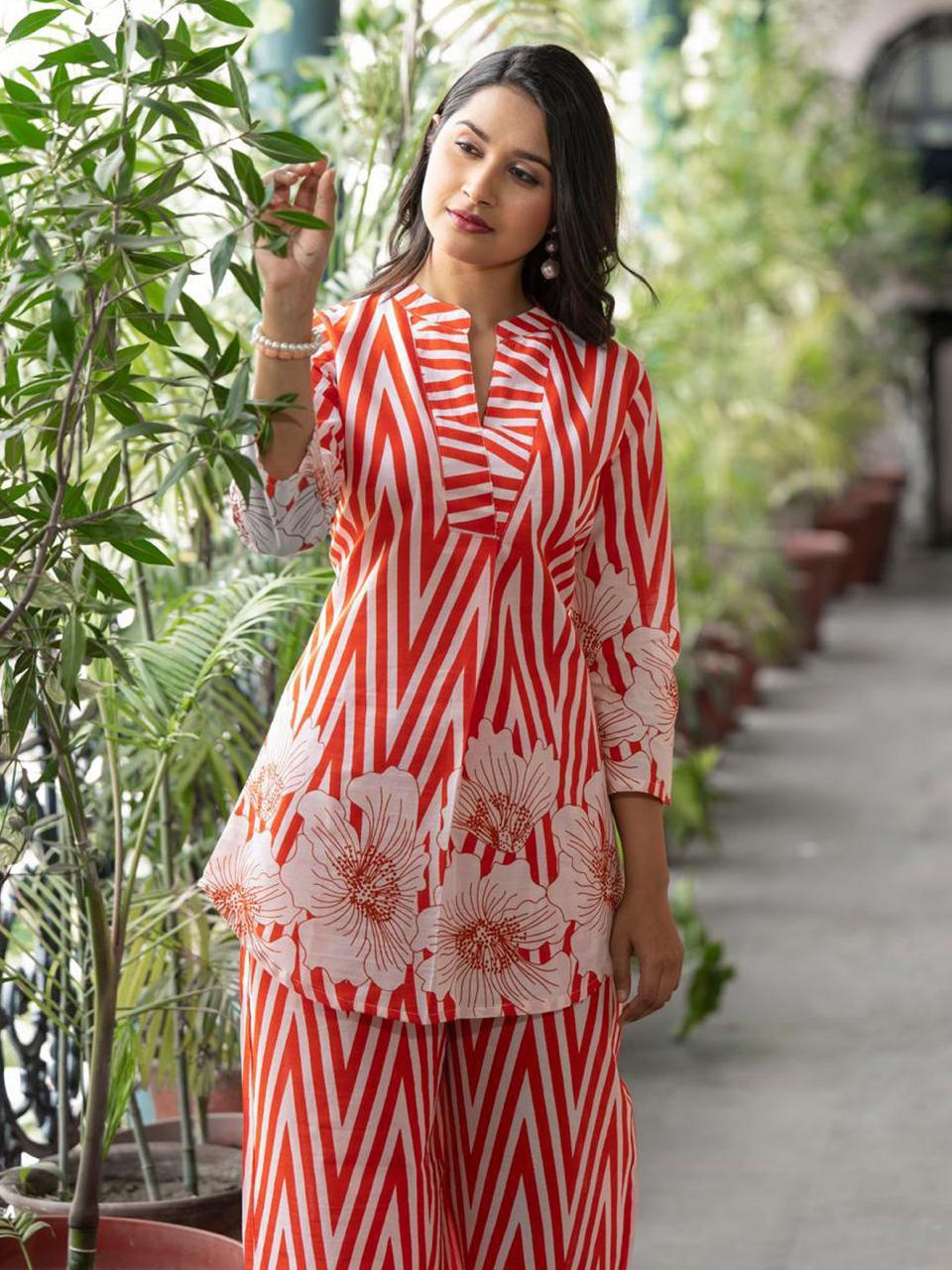 Orange Chevron and Floral Printed Ethnic Co-ord Set