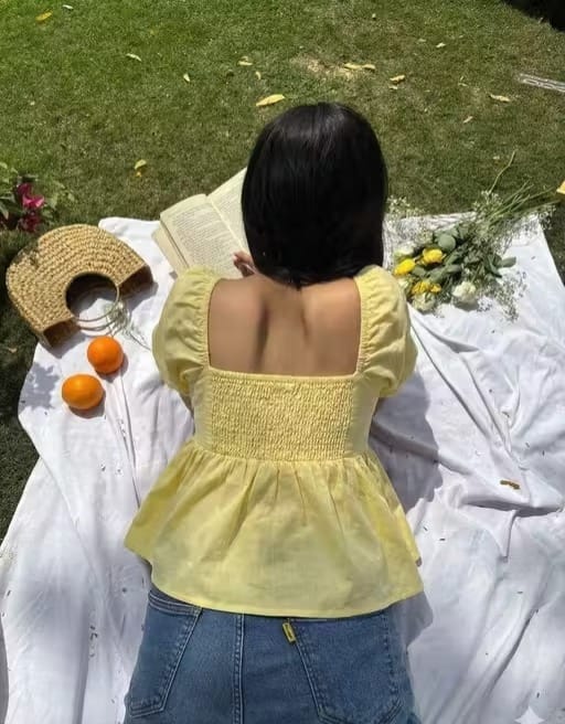 Yellow Cotton Square Neck Peplum Top with Puff Sleeves