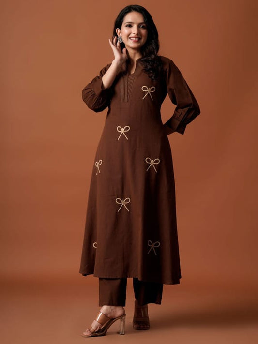 Chocolate Brown Bow Embroidered Kurta Set