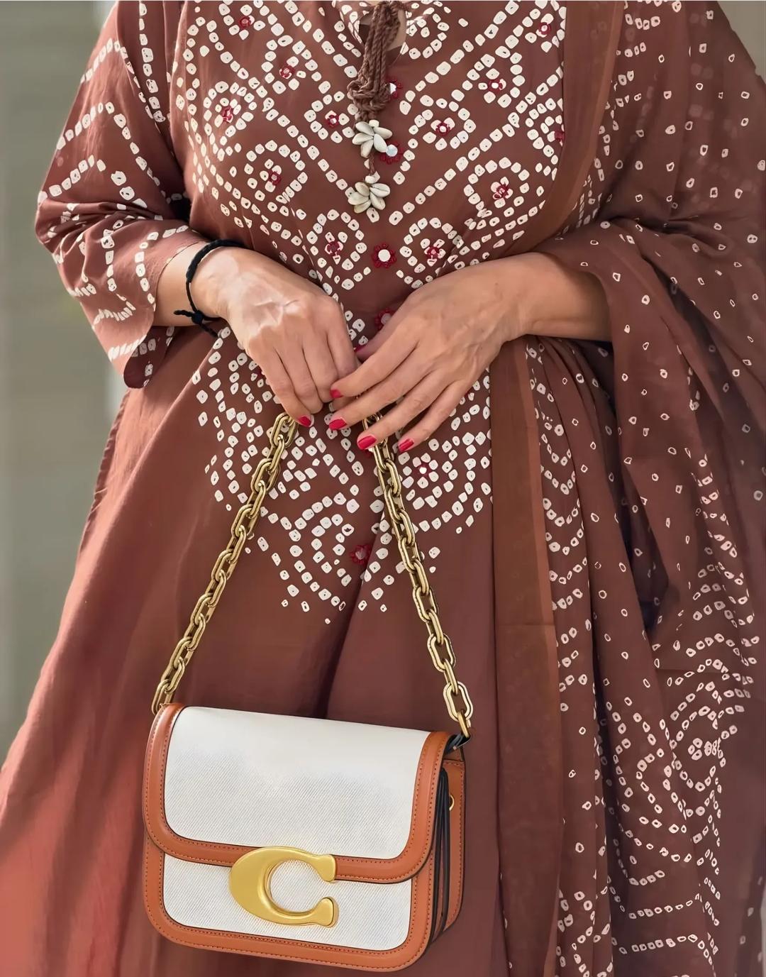 Brown Bandhani Print Cotton Kurta Set with Dupatta