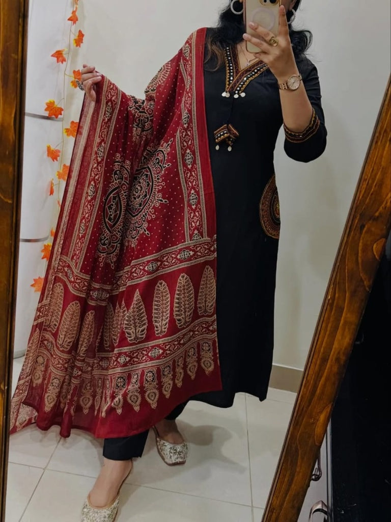 Elegant Black Embroidered Kurta Set with Maroon Ajrakh Print Dupatta for Women