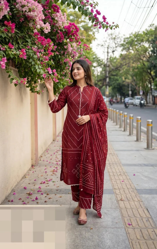Premium Red Embroidered Cotton Kurti Pant Set with Dupatta for Women