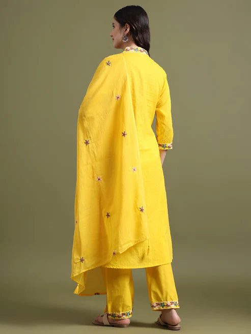 Yellow Cotton Embroidered Kurta Set with Dupatta