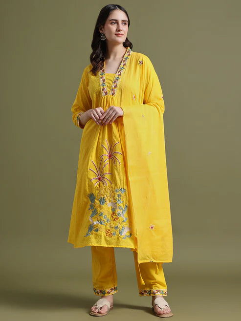 Yellow Cotton Embroidered Kurta Set with Dupatta
