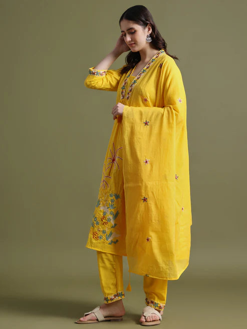 Yellow Cotton Embroidered Kurta Set with Dupatta