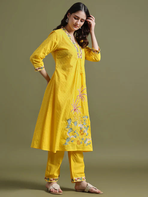 Yellow Cotton Embroidered Kurta Set with Dupatta