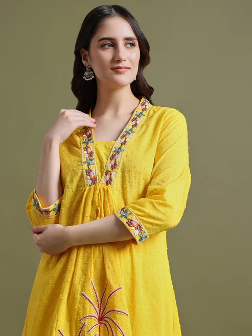 Yellow Cotton Embroidered Kurta Set with Dupatta
