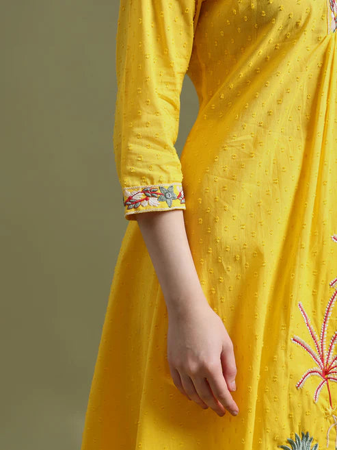 Yellow Cotton Embroidered Kurta Set with Dupatta