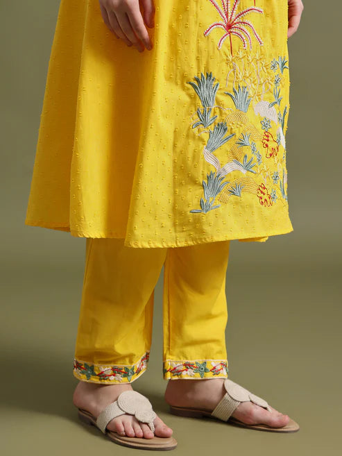 Yellow Cotton Embroidered Kurta Set with Dupatta