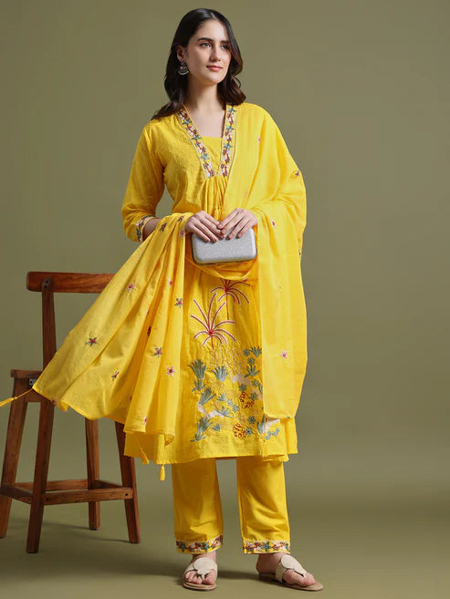 Yellow Cotton Embroidered Kurta Set with Dupatta