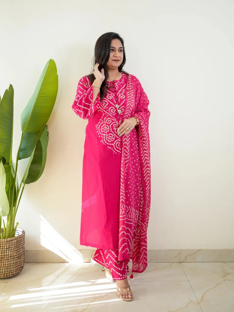 Pink Bandhani Cotton Kurta Pant Set with Dupatta