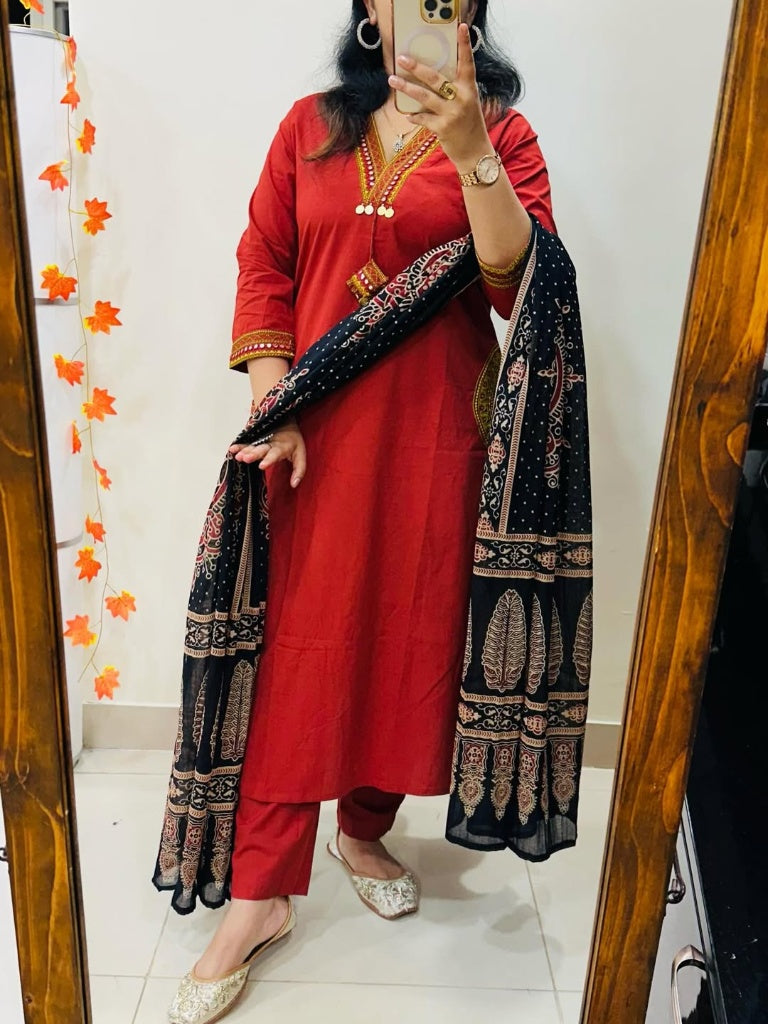 Ruby Red Embroidered Kurta Set with Black Ajrakh Print Dupatta for Women