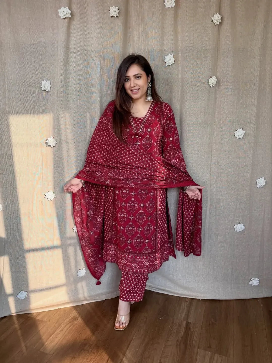 Premium Maroon Printed Anarkali Kurti Pant Set