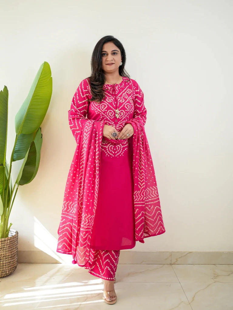 Pink Bandhani Cotton Kurta Pant Set with Dupatta