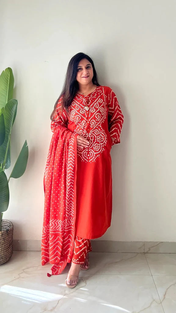 Rust Orange Bandhani Cotton Suit Set with Dupatta