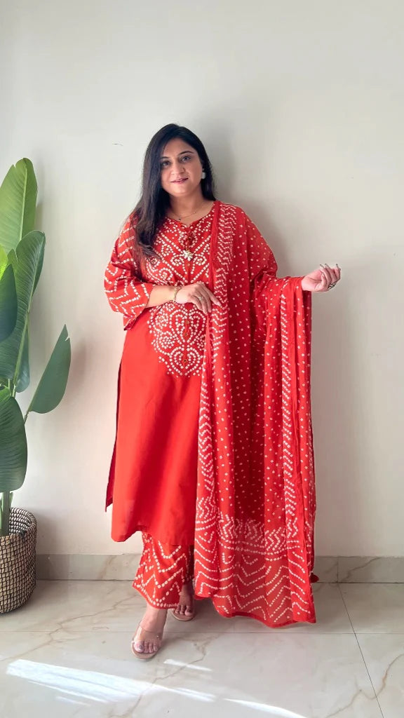 Rust Orange Bandhani Cotton Suit Set with Dupatta