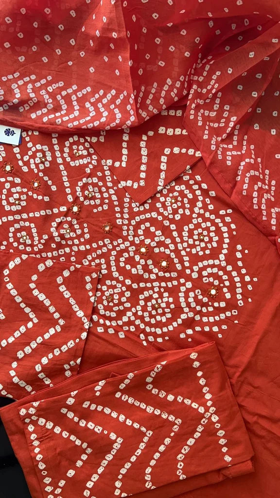 Rust Orange Bandhani Cotton Suit Set with Dupatta
