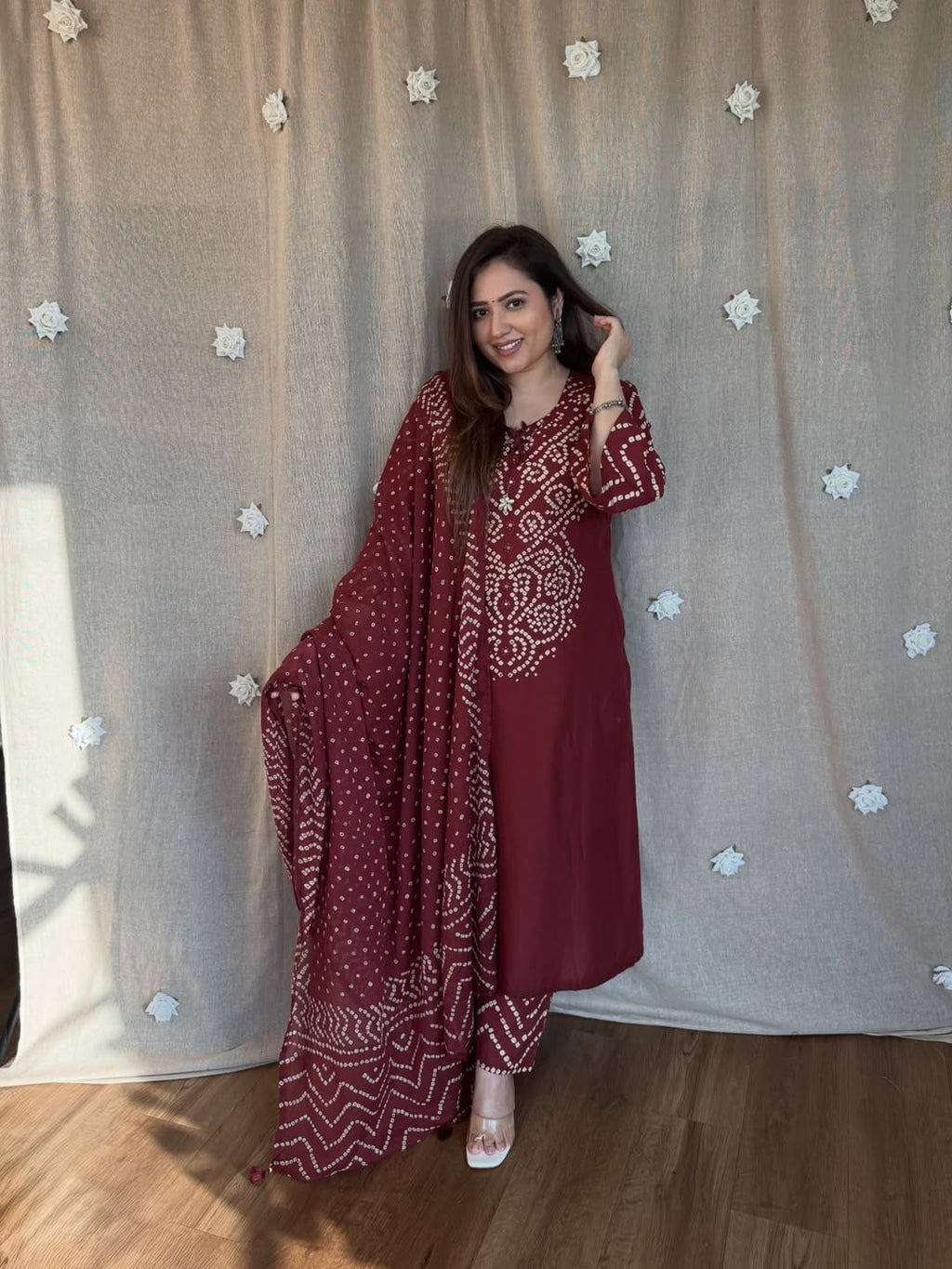 Maroon Bandhani Kurta Set with Dupatta
