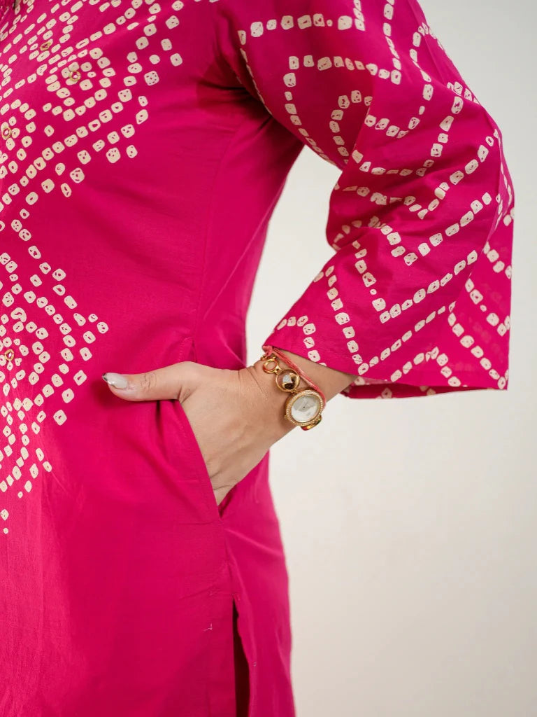 Pink Bandhani Cotton Kurta Pant Set with Dupatta
