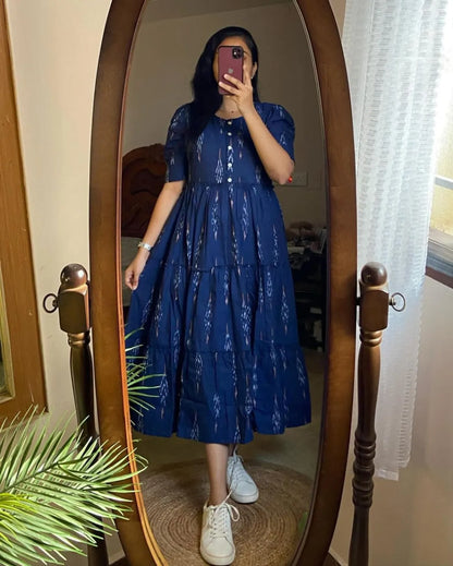 Lifestyle Kurti Blue Ikat Cotton Flair Middy Gown For Women