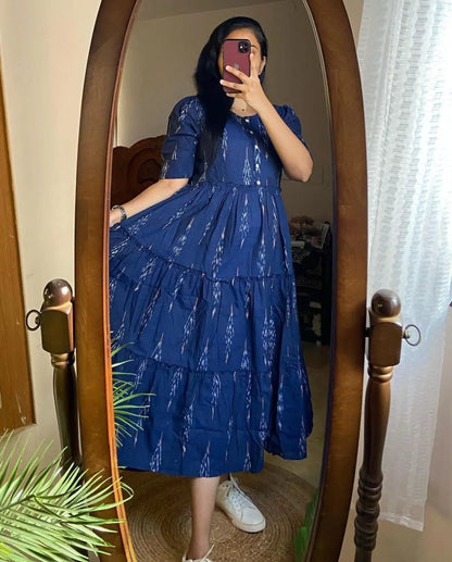 Lifestyle Kurti Blue Ikat Cotton Flair Middy Gown For Women