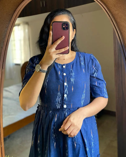 Lifestyle Kurti Blue Ikat Cotton Flair Middy Gown For Women