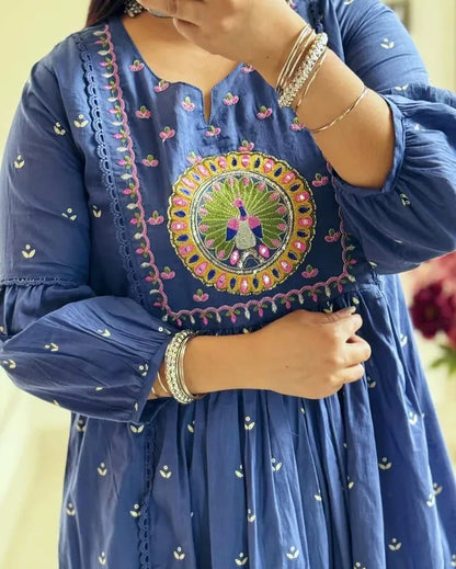 Latest And Trending  Peacock Cotton Printed Anarkali And Pant With Dupatta Set ( Blue )