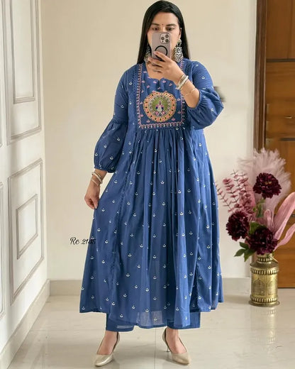 Latest And Trending  Peacock Cotton Printed Anarkali And Pant With Dupatta Set ( Blue )