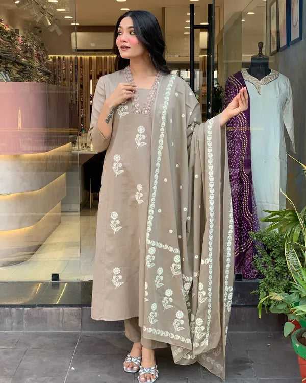 beige cotton design straight suit with dupatta set