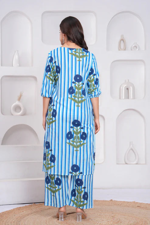 Blue Cotton Striped Floral Co-Ord Set