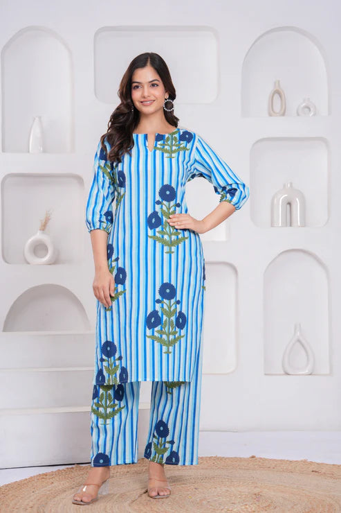 Blue Cotton Striped Floral Co-Ord Set