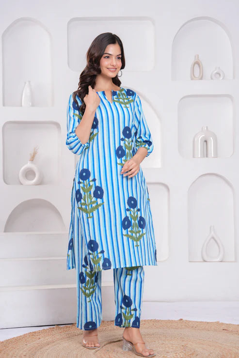 Blue Cotton Striped Floral Co-Ord Set