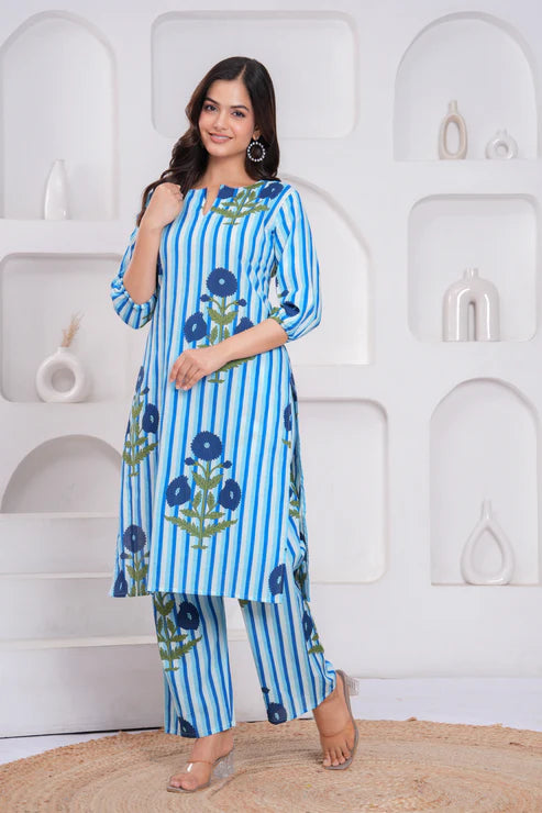 Blue Cotton Striped Floral Co-Ord Set