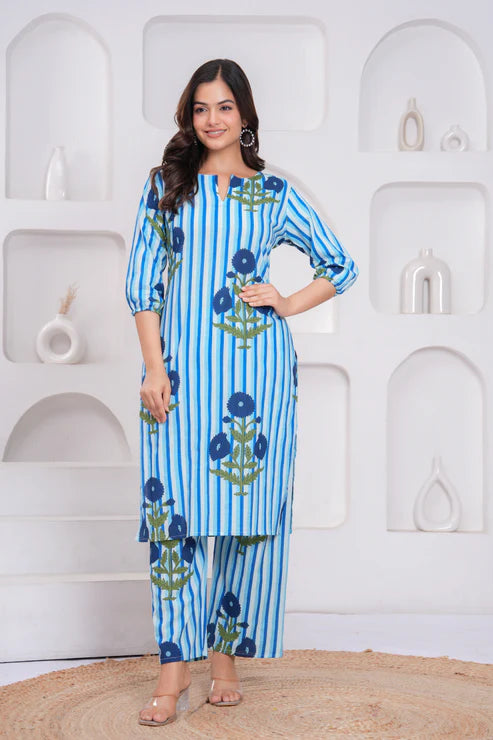 Blue Cotton Striped Floral Co-Ord Set