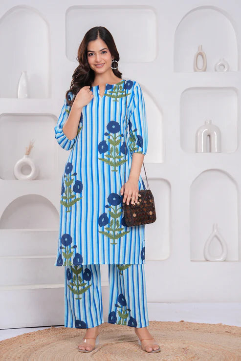 Blue Cotton Striped Floral Co-Ord Set