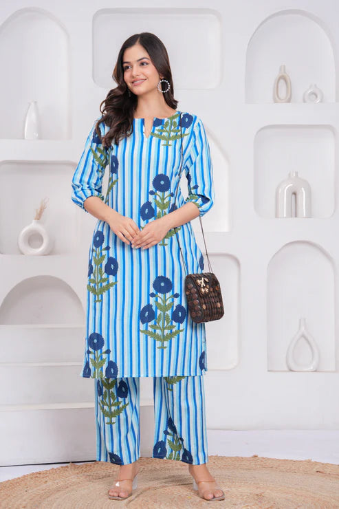 Blue Cotton Striped Floral Co-Ord Set