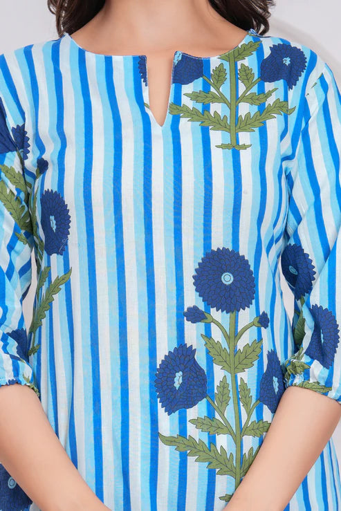 Blue Cotton Striped Floral Co-Ord Set
