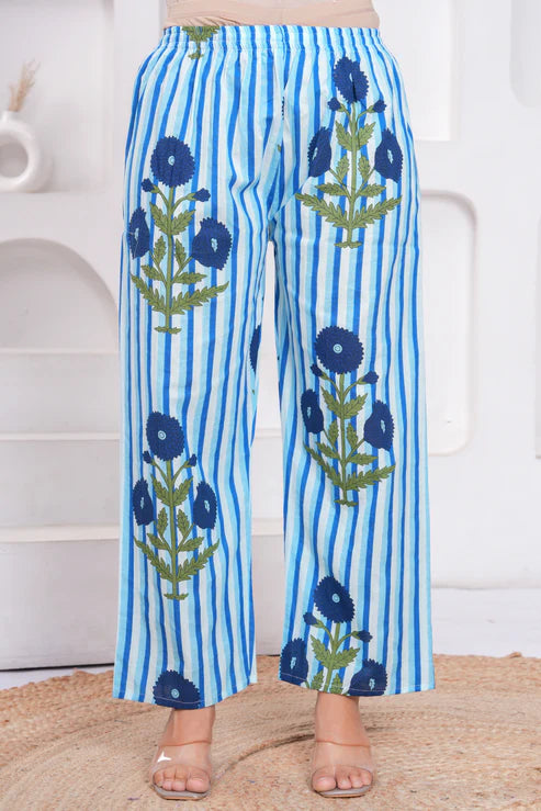 Blue Cotton Striped Floral Co-Ord Set