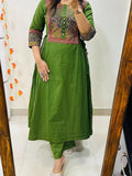Women’s Olive Green Cotton Anarkali Kurta Pant Set with Embroidered Yoke