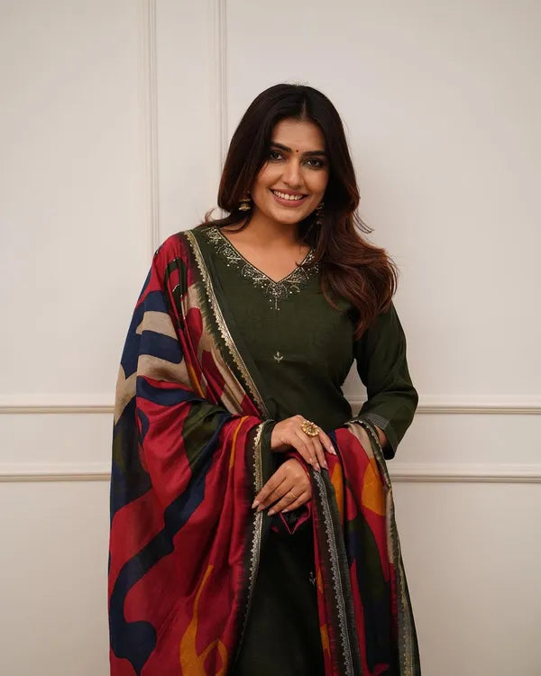 green embroidery and zari work rayon straight kurta and pant  with silk dupatta set