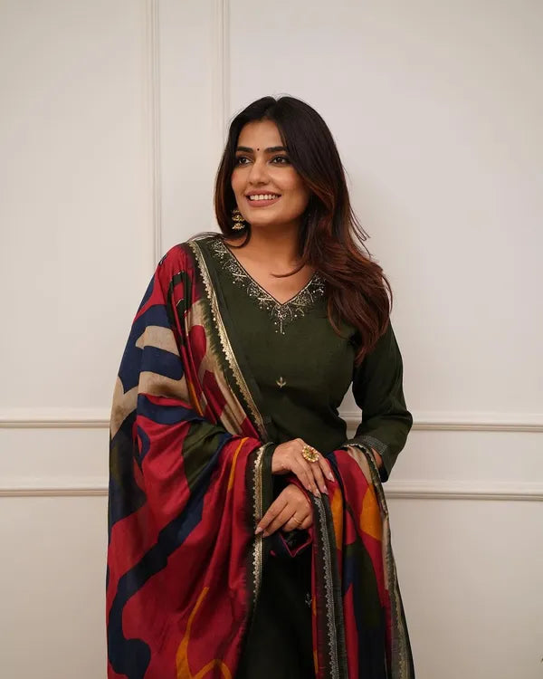 green embroidery and zari work rayon straight kurta and pant  with silk dupatta set